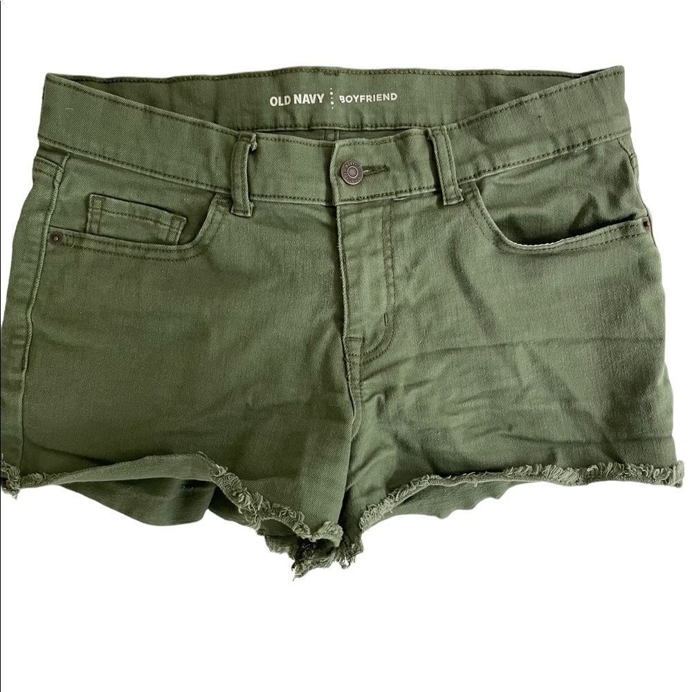 OLD Navy Boyfriend olive green shorts with raw hem, size 8.